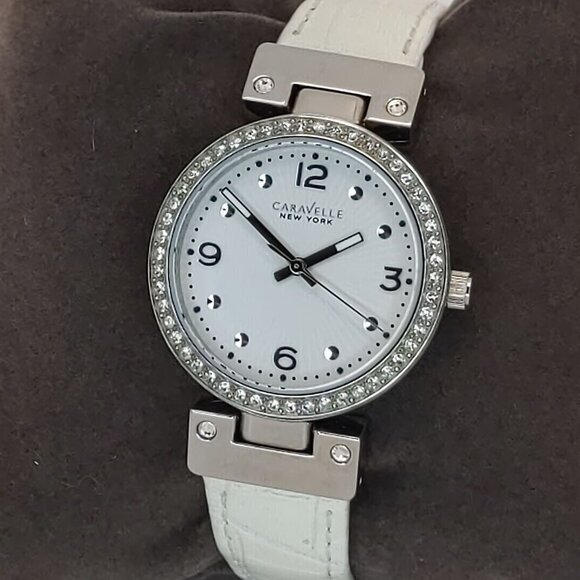 Caravelle Ladies Dress Watch By Bulova Crystal Bezel Reversible Strap 32mm - Picture 7 of 15